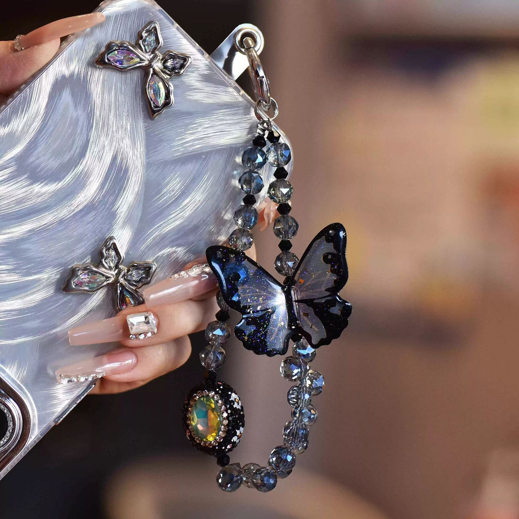 3D Butterfly Phone Charm — Premium-Look Hanging Chain, Beaded Keychain Pendant