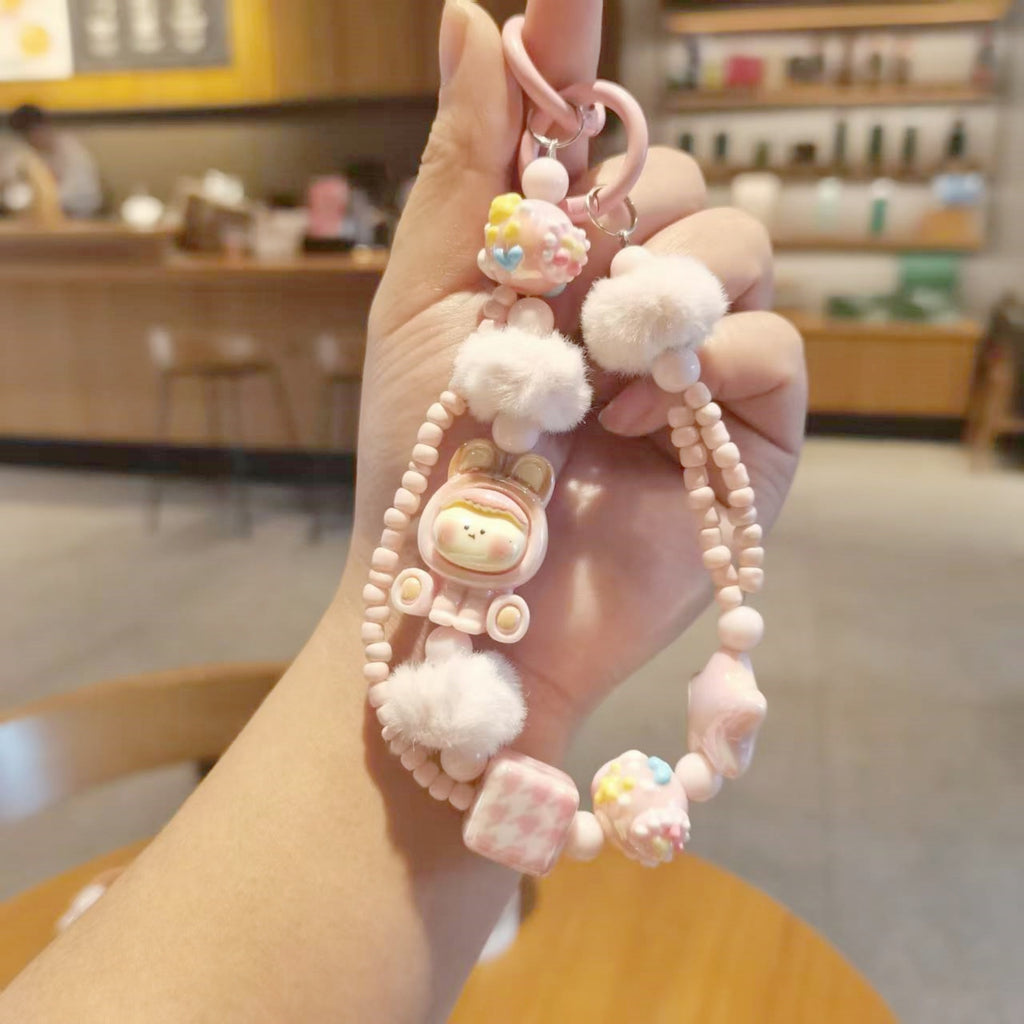Lovely Cartoon Mobile Phone Chain Handmade Beaded Keychain Rope Wrist Pendant Bag Charm for Girls Gift Hanging Souvenir