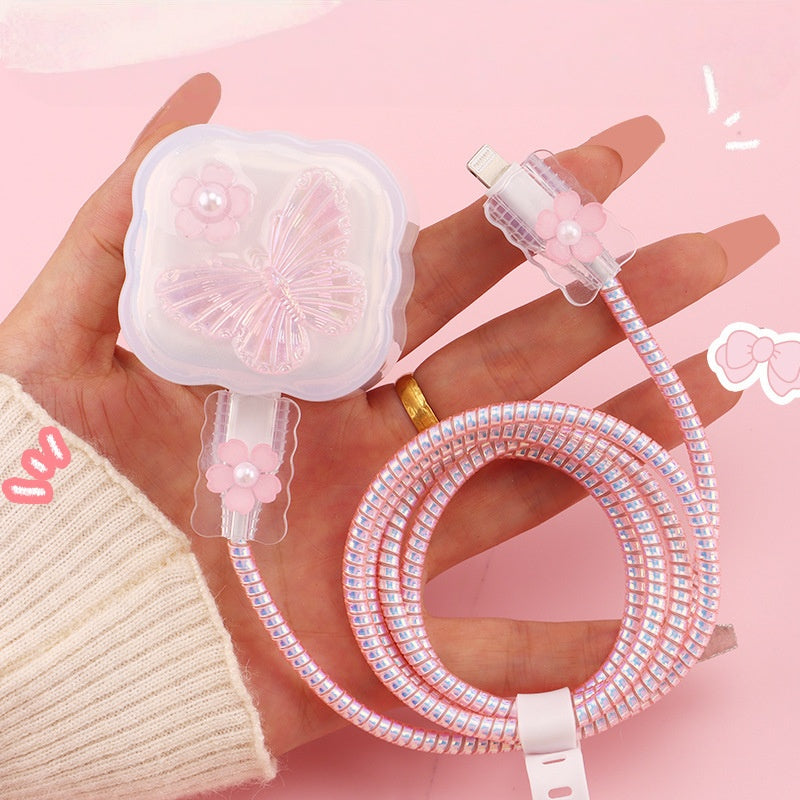 Summer Glitter Butterfly Charger Protector Sleeve for Apple iPhone 18/20W Cable Winder Wire Protective Cover