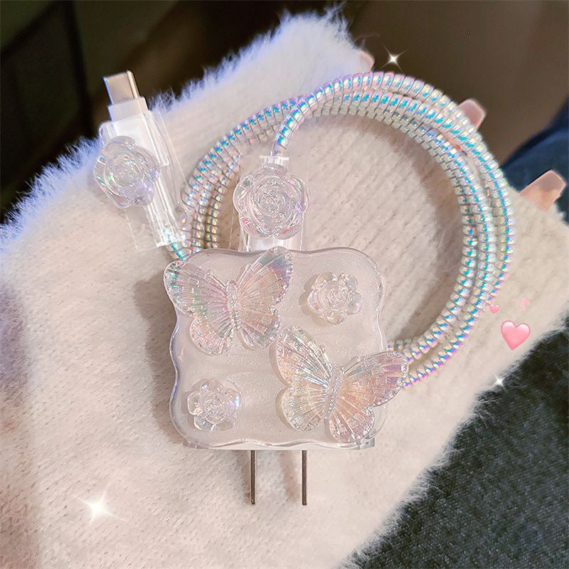 Cute 3D White Butterfly Flower Data Line Protector Cover for iPhone 15 14 13 18W/20W USB Cable Bite Head Fast Charging Case
