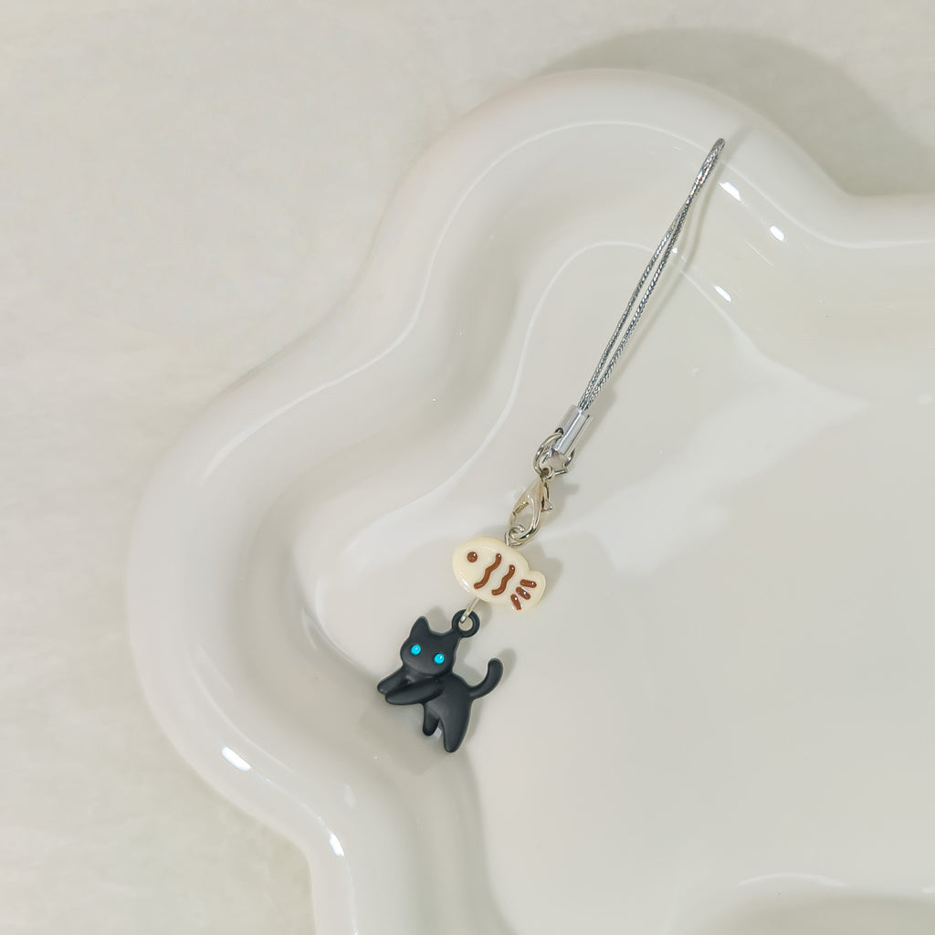 Black Cat Little Fish Phone Chain Pendant Cute Earphone Hanging Card Holder Semi-Handmade Black Cat Decor Chain