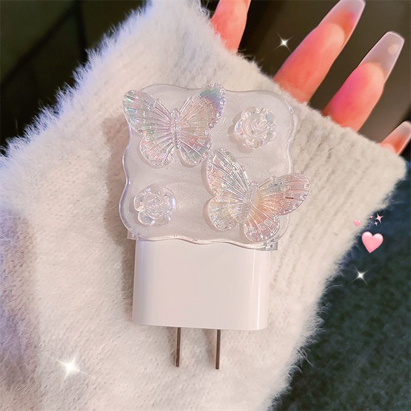 Cute 3D White Butterfly Flower Data Line Protector Cover for iPhone 15 14 13 18W/20W USB Cable Bite Head Fast Charging Case