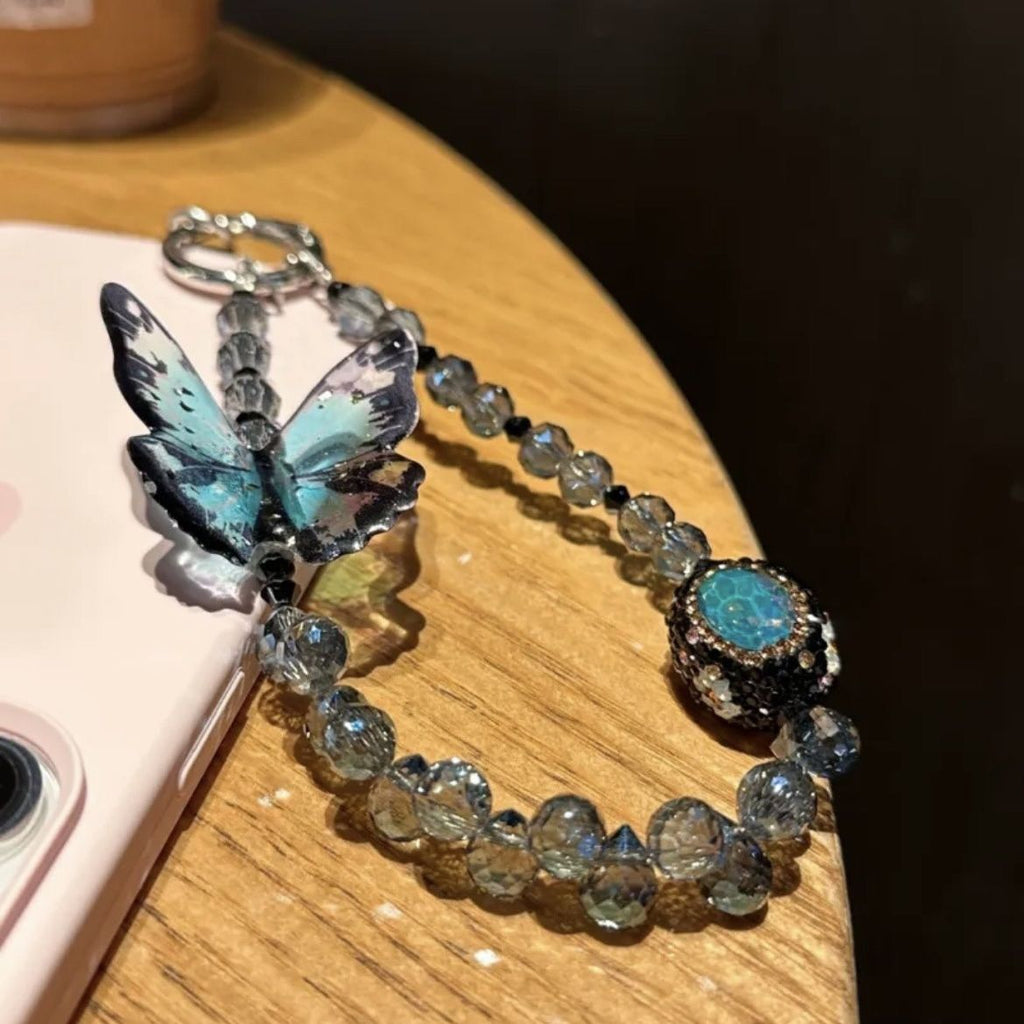 3D Butterfly Phone Charm — Premium-Look Hanging Chain, Beaded Keychain Pendant