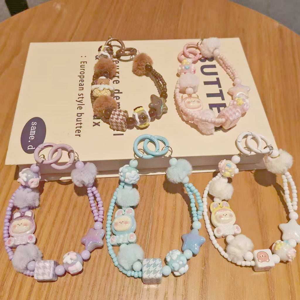 Lovely Cartoon Mobile Phone Chain Handmade Beaded Keychain Rope Wrist Pendant Bag Charm for Girls Gift Hanging Souvenir