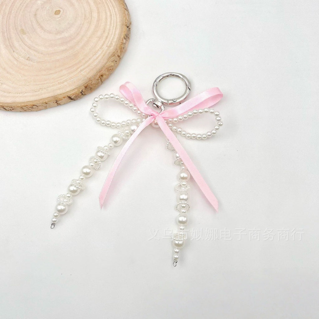 Pearls Beaded Phone Lanyard Wrist Strap Beaded Phone Chain Diy Handmade Bowknot Keychains Backpack Phone Camera Accessory