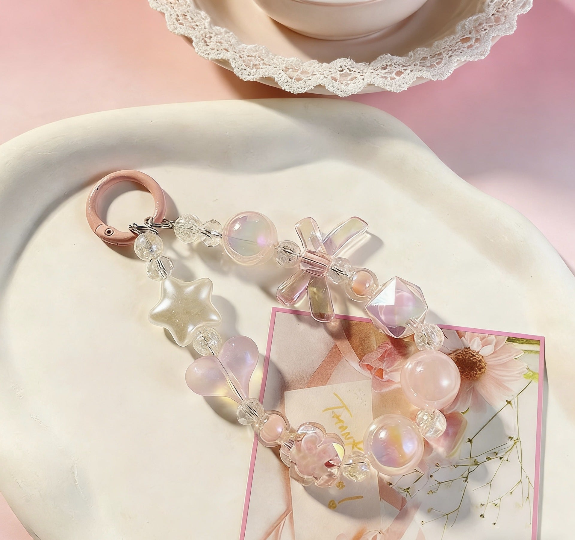 Cute Beaded Phone Charms Butterfly Heart Beaded White Pearl Heart Anti Lost Phone Chain Strap for Women Girls