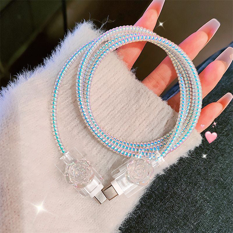 Cute 3D White Butterfly Flower Data Line Protector Cover for iPhone 15 14 13 18W/20W USB Cable Bite Head Fast Charging Case