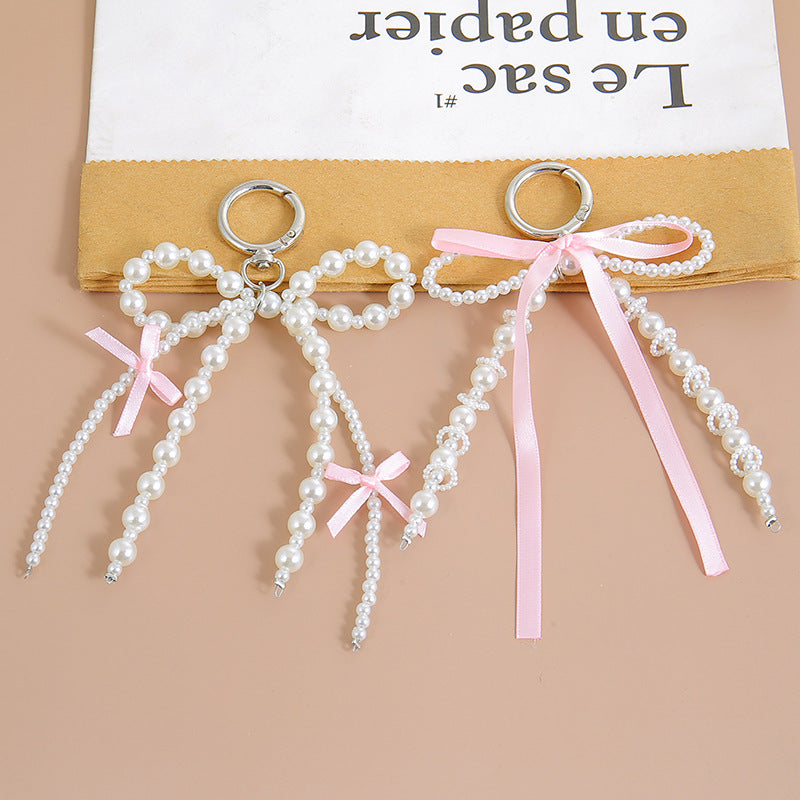 Pearls Beaded Phone Lanyard Wrist Strap Beaded Phone Chain Diy Handmade Bowknot Keychains Backpack Phone Camera Accessory