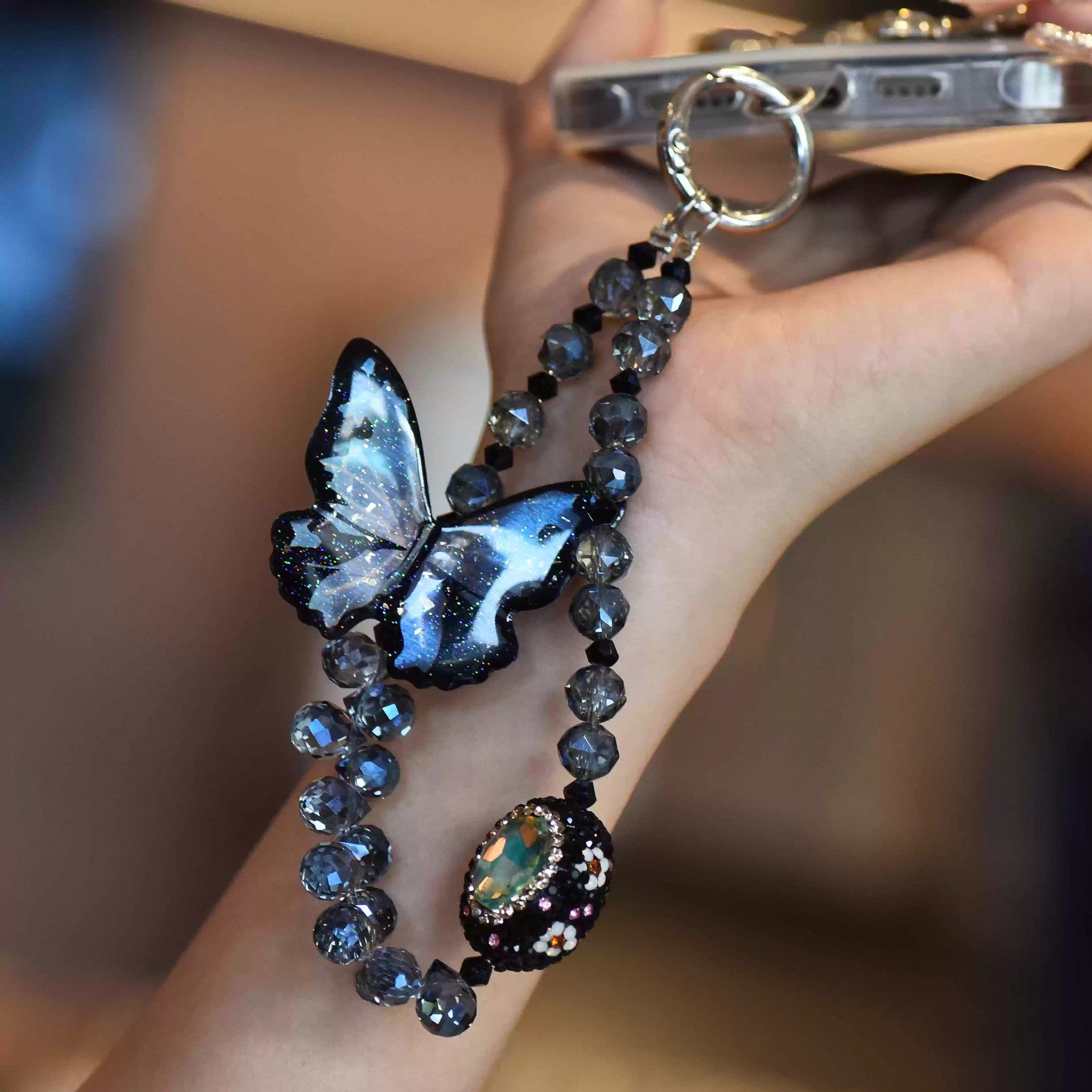3D Butterfly Phone Charm — Premium-Look Hanging Chain, Beaded Keychain Pendant