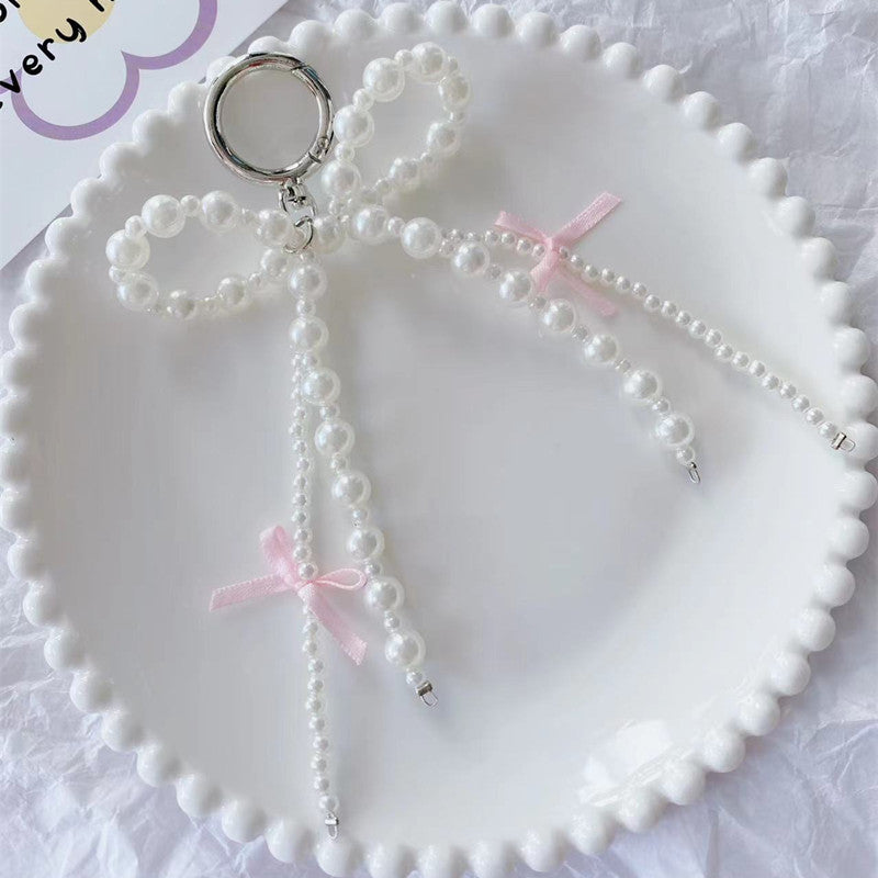 Pearls Beaded Phone Lanyard Wrist Strap Beaded Phone Chain Diy Handmade Bowknot Keychains Backpack Phone Camera Accessory