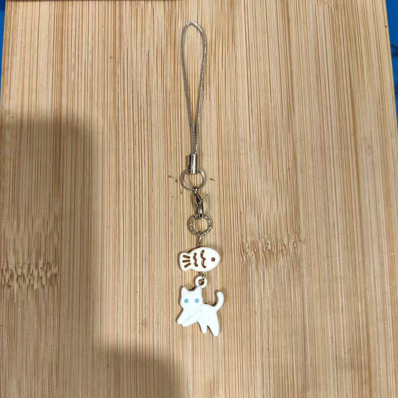 Black Cat Little Fish Phone Chain Pendant Cute Earphone Hanging Card Holder Semi-Handmade Black Cat Decor Chain