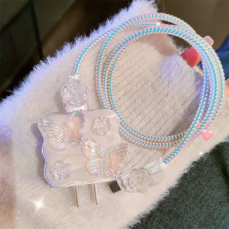 Cute 3D White Butterfly Flower Data Line Protector Cover for iPhone 15 14 13 18W/20W USB Cable Bite Head Fast Charging Case