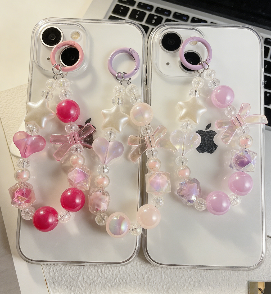 Cute Beaded Phone Charms Butterfly Heart Beaded White Pearl Heart Anti Lost Phone Chain Strap for Women Girls