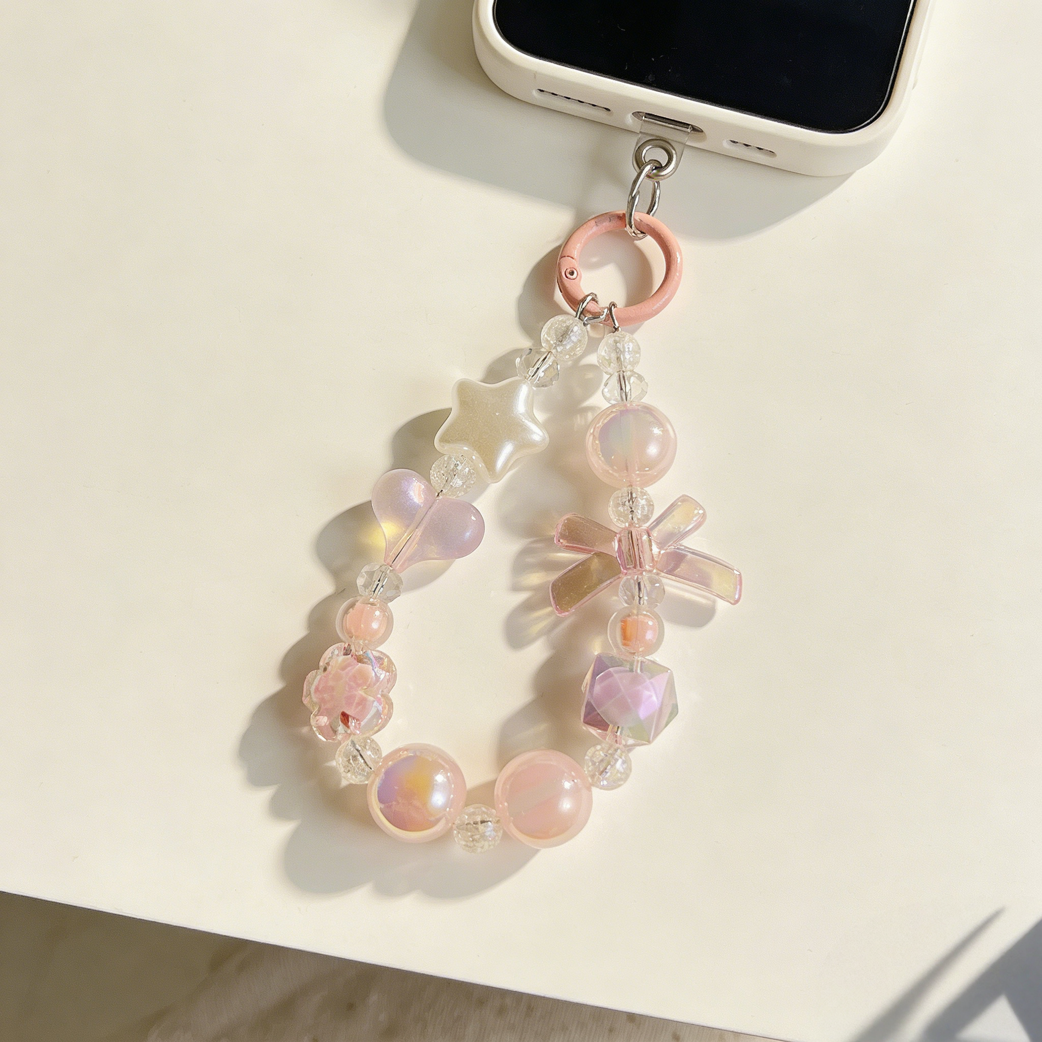 Cute Beaded Phone Charms Butterfly Heart Beaded White Pearl Heart Anti Lost Phone Chain Strap for Women Girls