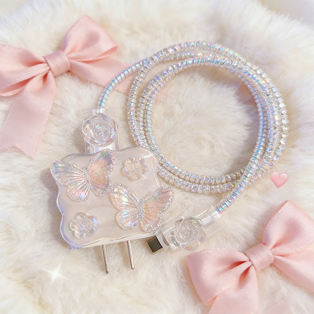 Cute 3D White Butterfly Flower Data Line Protector Cover for iPhone 15 14 13 18W/20W USB Cable Bite Head Fast Charging Case